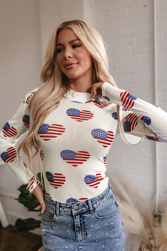 White Americana Glitter Mesh Long Sleeve Bodysuit - Tigbul's Variety Fashion Shop