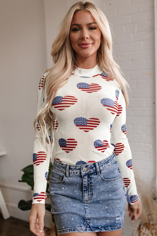 White Americana Glitter Mesh Long Sleeve Bodysuit - Tigbul's Variety Fashion Shop