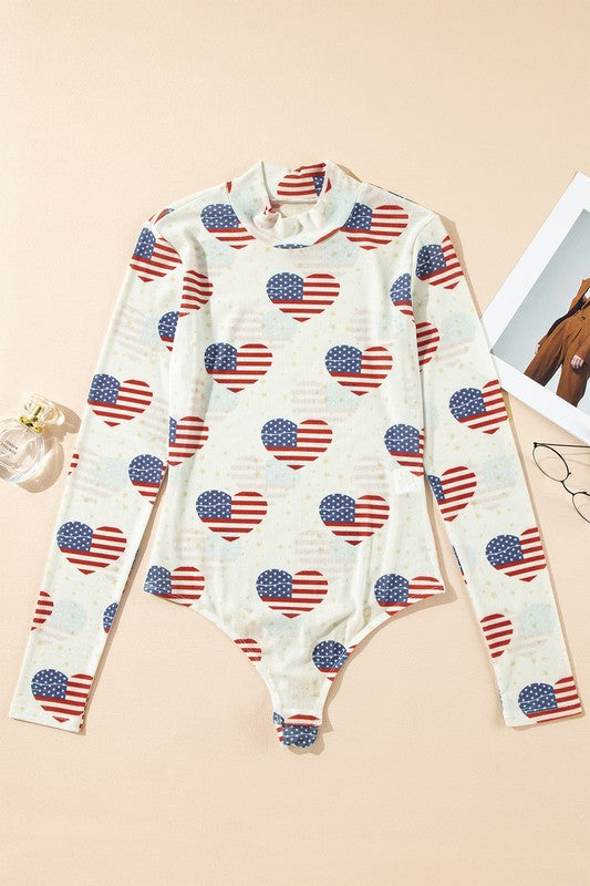 White Americana Glitter Mesh Long Sleeve Bodysuit - Tigbul's Variety Fashion Shop