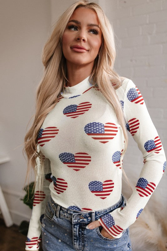White Americana Glitter Mesh Long Sleeve Bodysuit - Tigbul's Variety Fashion Shop