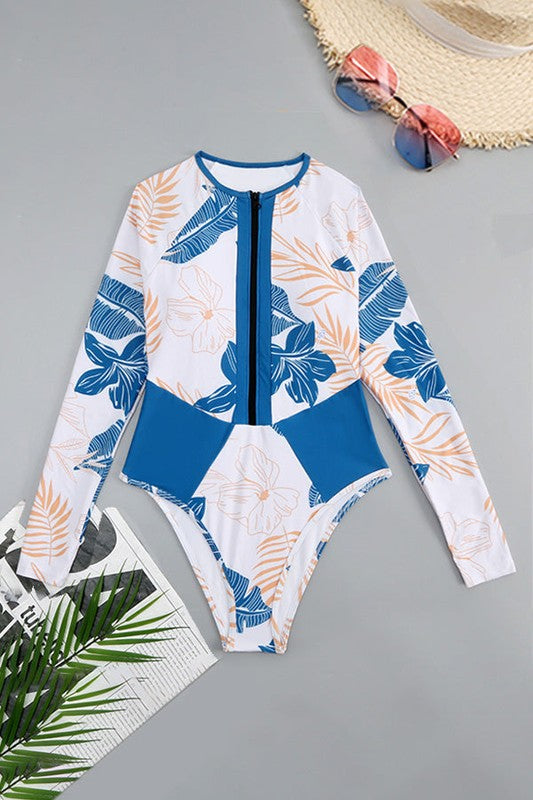 Blue Tropical LongSleeve OnePiece Surfing Swimsuit - Tigbul's Variety Fashion Shop
