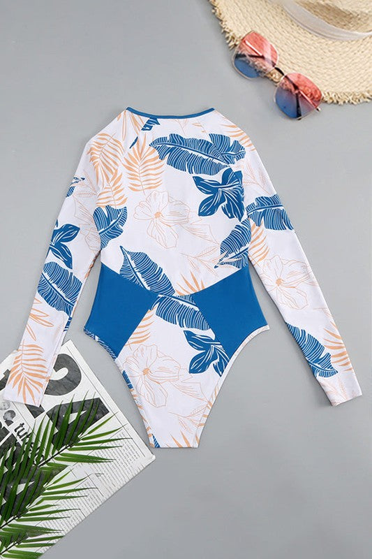 Blue Tropical LongSleeve OnePiece Surfing Swimsuit - Tigbul's Variety Fashion Shop