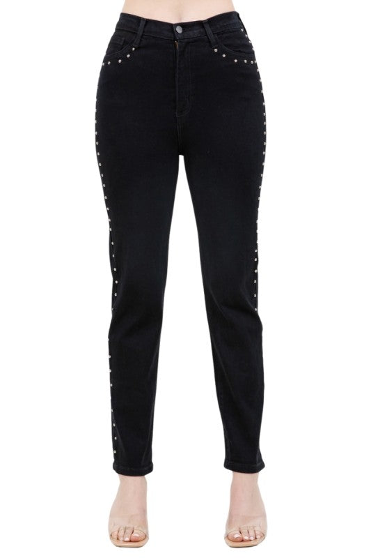 Studded Mom Jean in Black Denim - Tigbul's Variety Fashion Shop