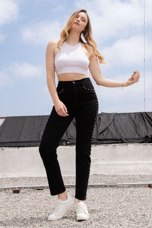 Studded Mom Jean in Black Denim - Tigbul's Variety Fashion Shop