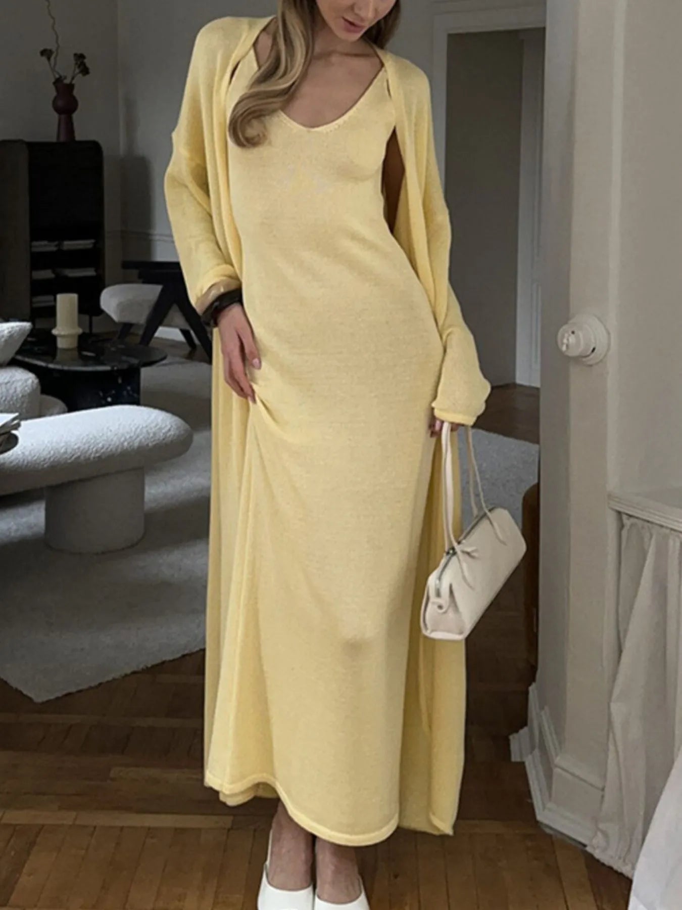 V-Neck Knit Dress and Cardigan Sweater Set - Tigbul's Variety Fashion Shop