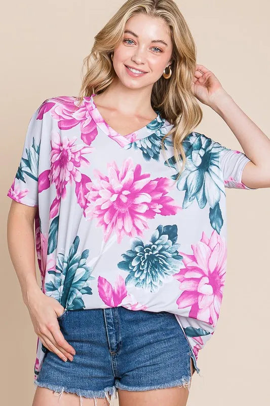 Floral V-Neck Short Sleeve T-Shirt - Tigbul's Variety Fashion Shop