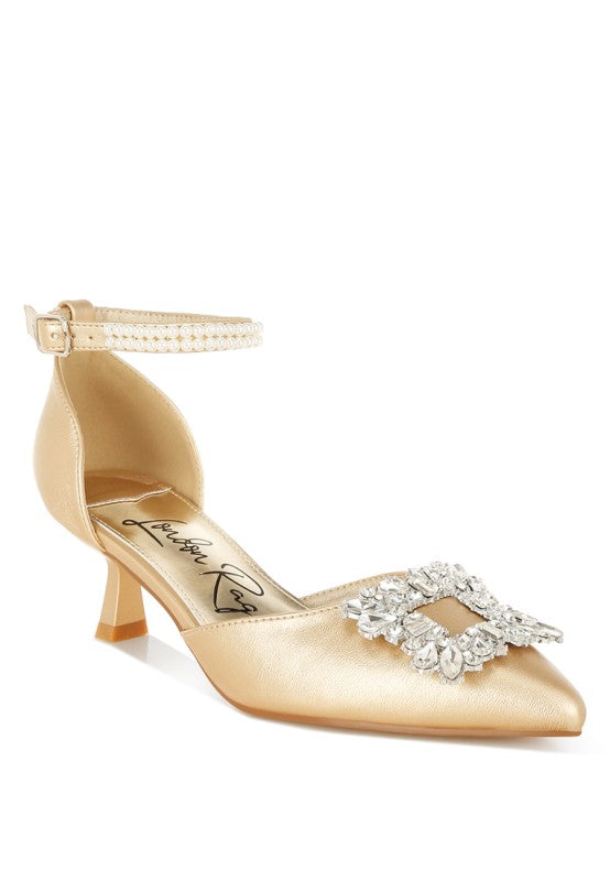 Onkana Diamante Brooch Kitten Heel Sandals - Tigbul's Variety Fashion Shop