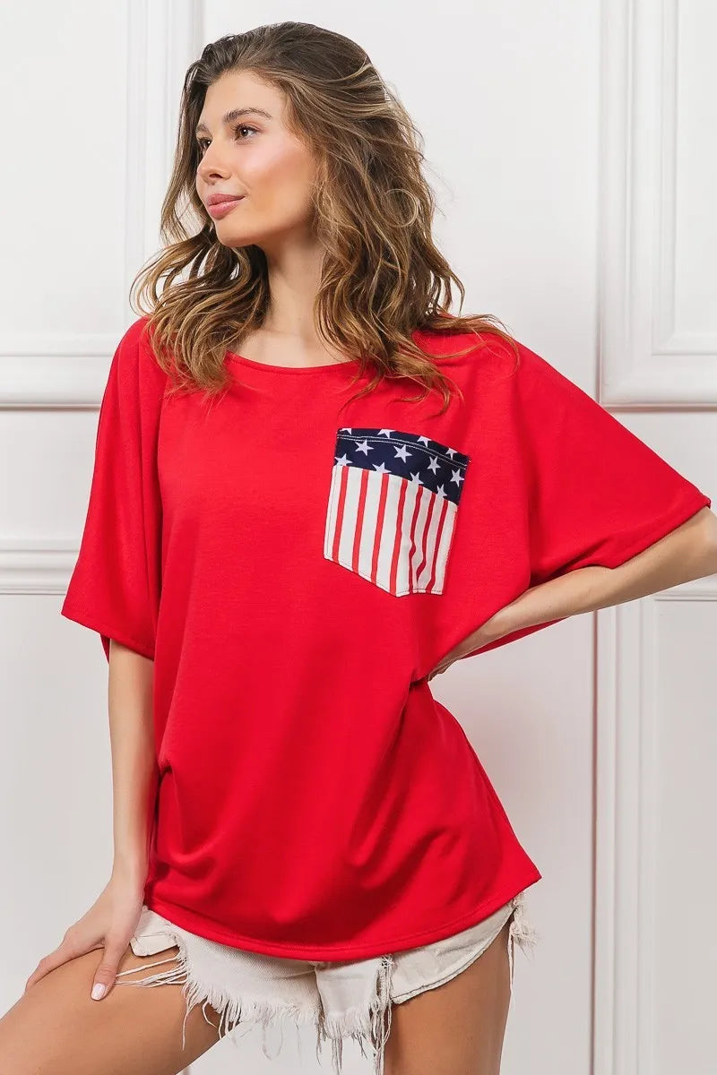 Red French Terry With Front Pocket Dolman Sleeves Top - Tigbul's Variety Fashion Shop
