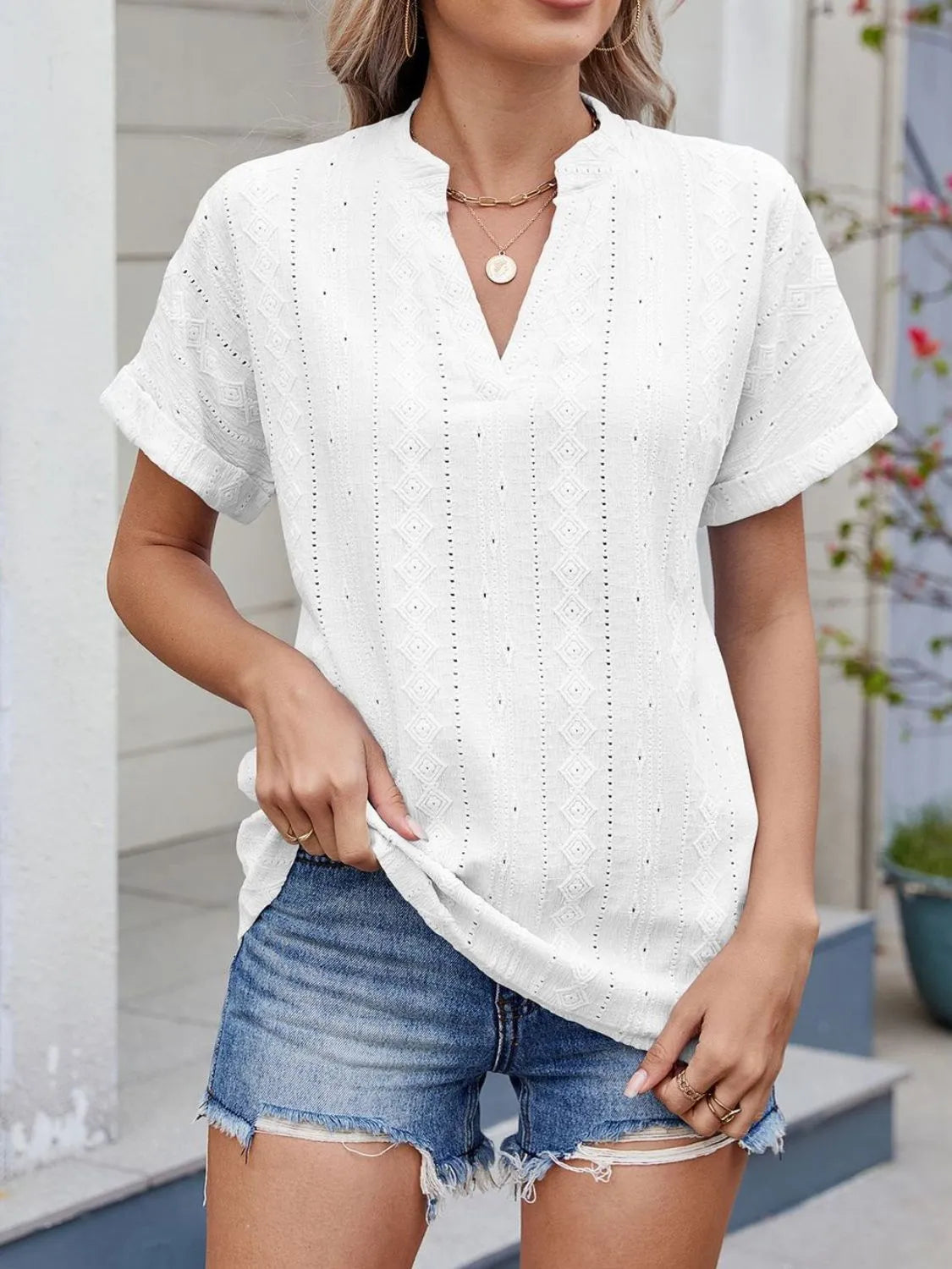 Eyelet Notched Short Sleeve Top - Tigbul's Variety Fashion Shop