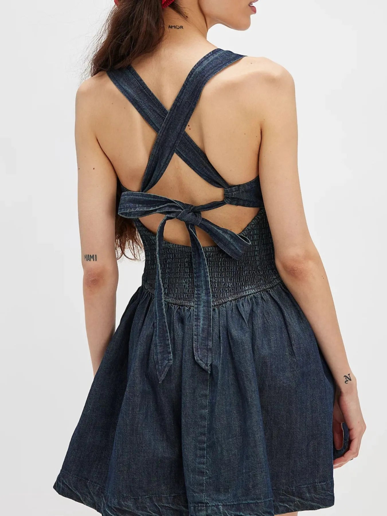 Smocked Crisscross Back Denim Mini Dress - Tigbul's Variety Fashion Shop