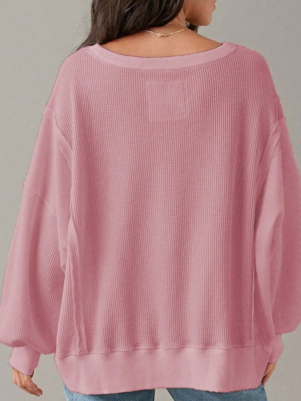 Cotton Waffle Bishop Split Oversized Pullover - Tigbul's Variety Fashion Shop