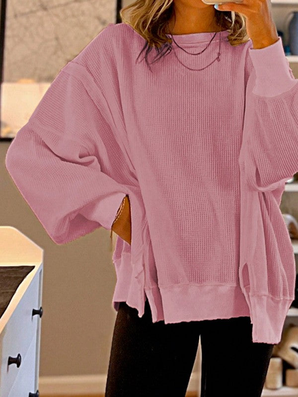 Cotton Waffle Bishop Split Oversized Pullover - Tigbul's Variety Fashion Shop
