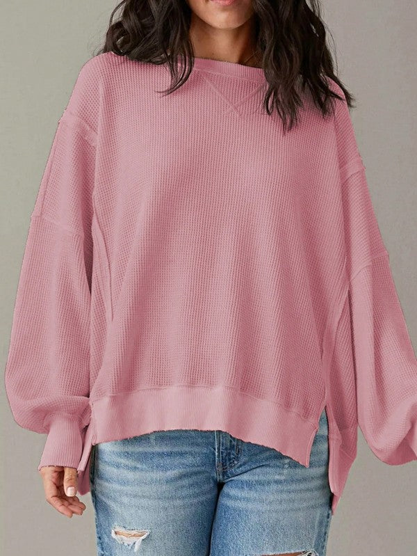 Cotton Waffle Bishop Split Oversized Pullover - Tigbul's Variety Fashion Shop