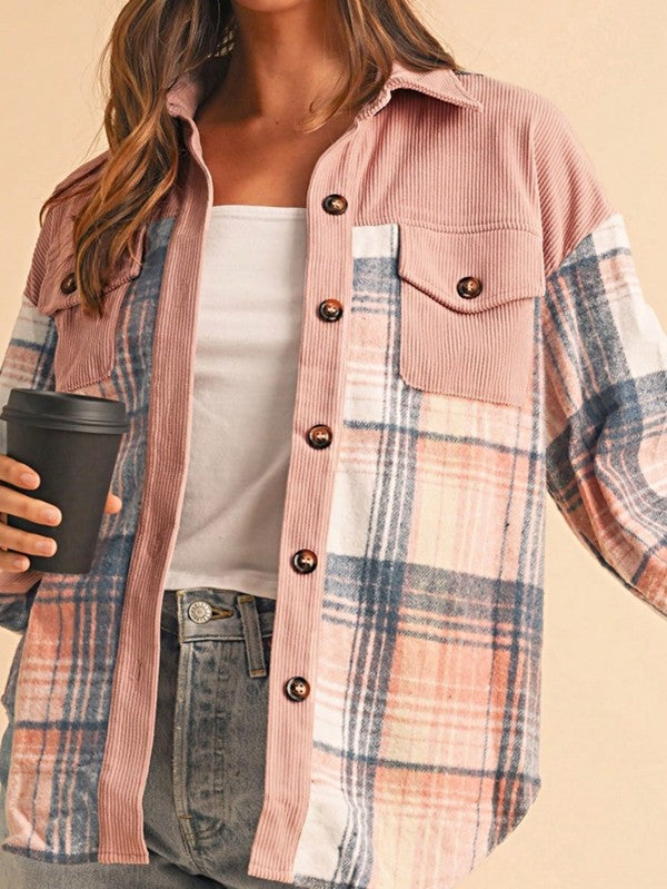 Plaid Corduroy Patch Pocket Loose Shacket Shirt - Tigbul's Variety Fashion Shop