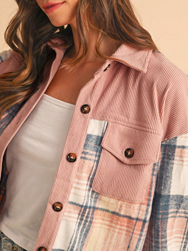 Plaid Corduroy Patch Pocket Loose Shacket Shirt - Tigbul's Variety Fashion Shop