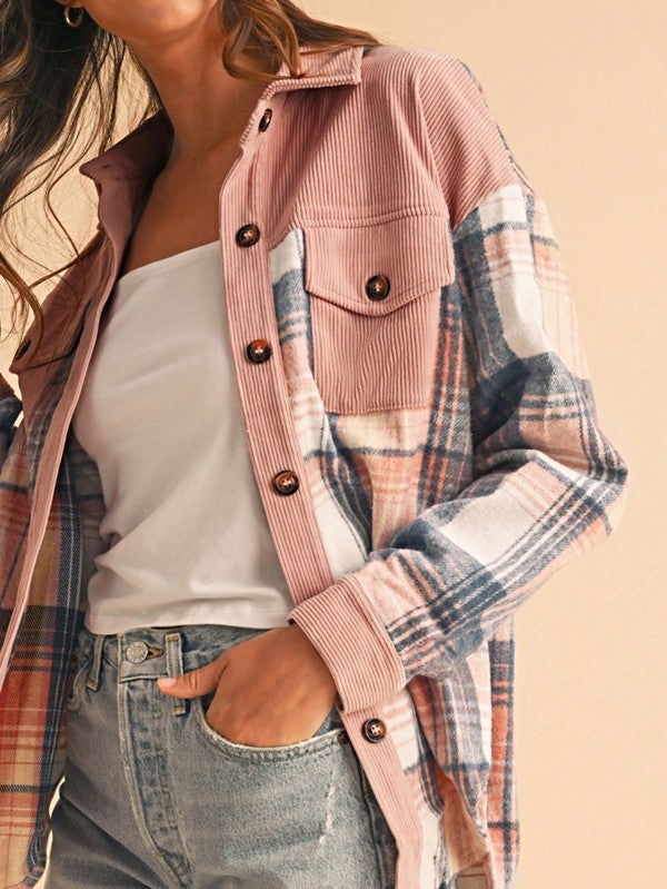 Plaid Corduroy Patch Pocket Loose Shacket Shirt - Tigbul's Variety Fashion Shop
