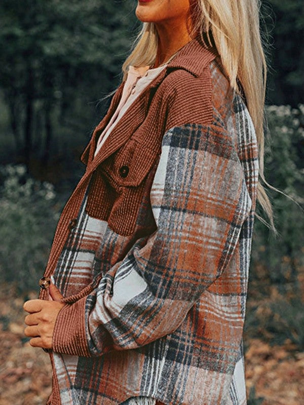 Plaid Corduroy Patch Pocket Loose Shacket Shirt - Tigbul's Variety Fashion Shop