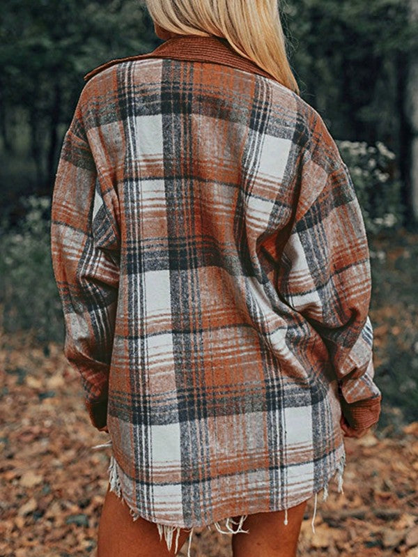 Plaid Corduroy Patch Pocket Loose Shacket Shirt - Tigbul's Variety Fashion Shop