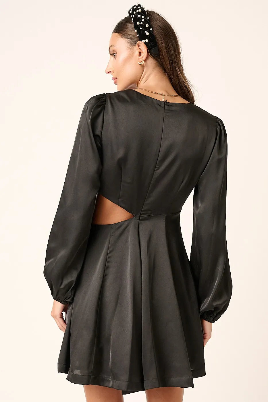 Black Satin Side Cutout Detail Mini Dress - Tigbul's Variety Fashion Shop