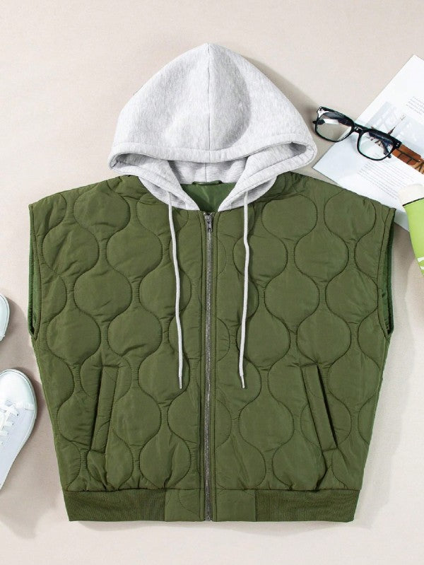 Oversized Drawstring Hooded Zip Up Puffer Vest - Tigbul's Variety Fashion Shop