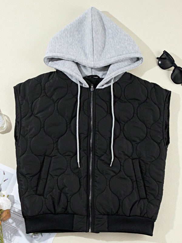 Oversized Drawstring Hooded Zip Up Puffer Vest - Tigbul's Variety Fashion Shop