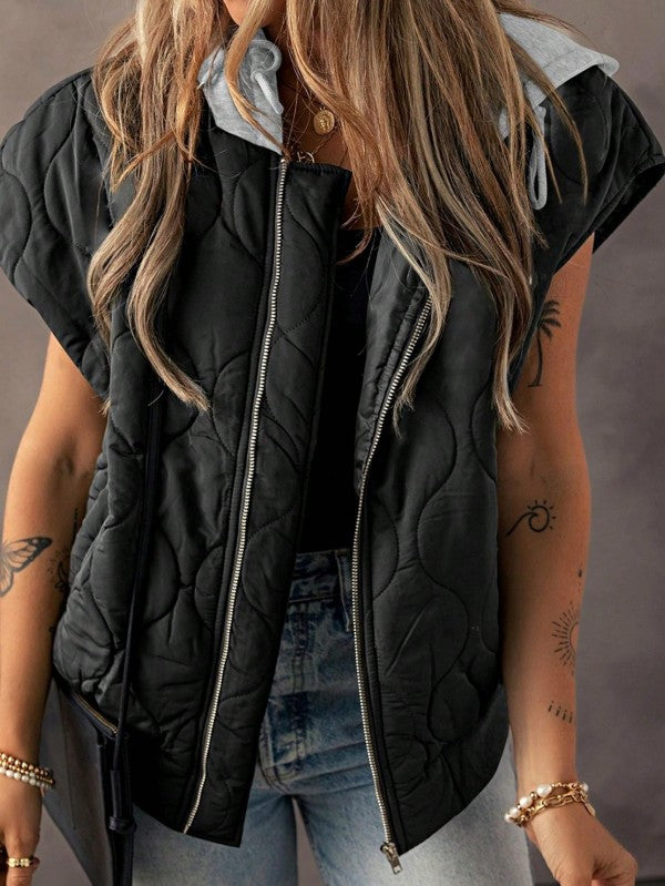 Oversized Drawstring Hooded Zip Up Puffer Vest - Tigbul's Variety Fashion Shop