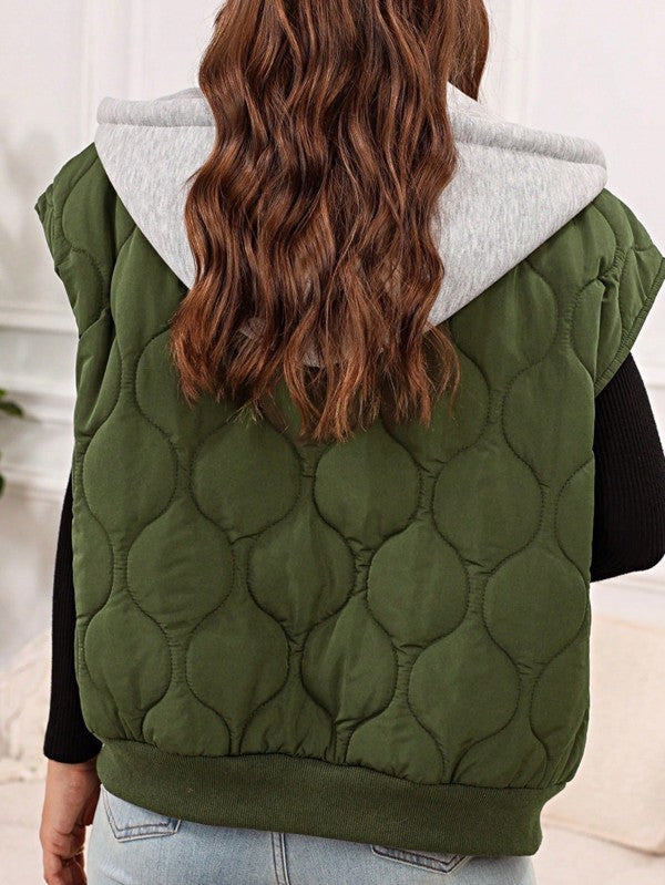 Oversized Drawstring Hooded Zip Up Puffer Vest - Tigbul's Variety Fashion Shop