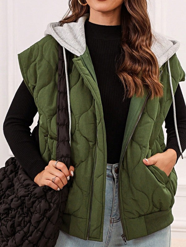 Oversized Drawstring Hooded Zip Up Puffer Vest - Tigbul's Variety Fashion Shop