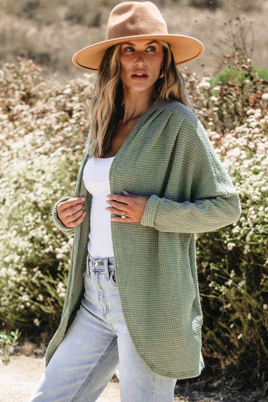 Laurel Green Waffle Knit Open Front Cardigan - Tigbul's Variety Fashion Shop