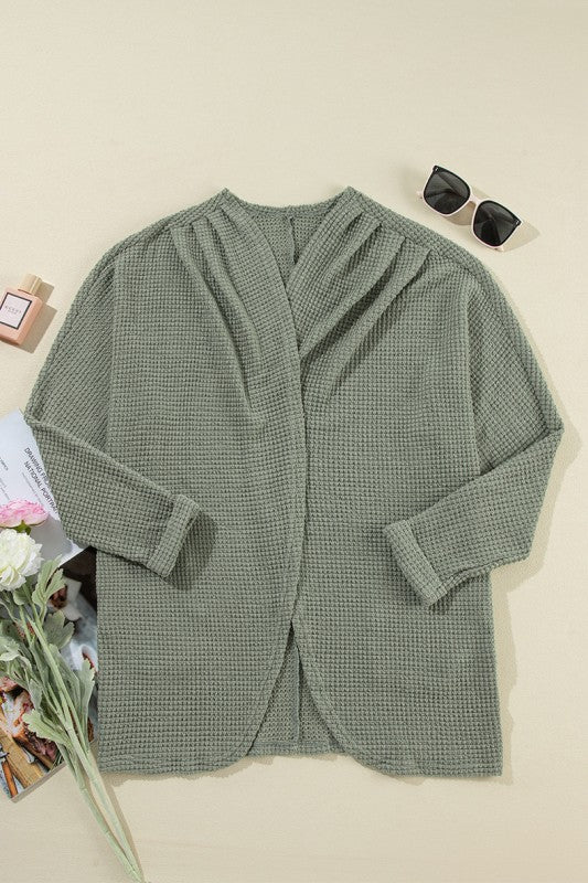 Laurel Green Waffle Knit Open Front Cardigan - Tigbul's Variety Fashion Shop
