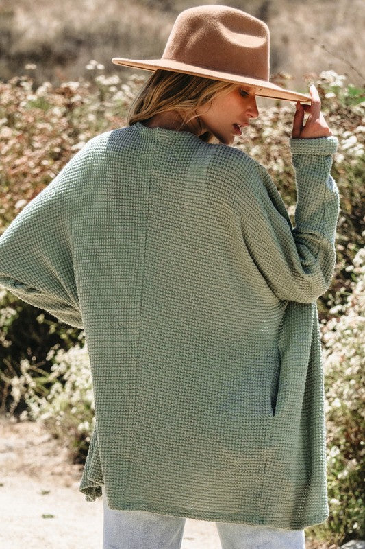 Laurel Green Waffle Knit Open Front Cardigan - Tigbul's Variety Fashion Shop