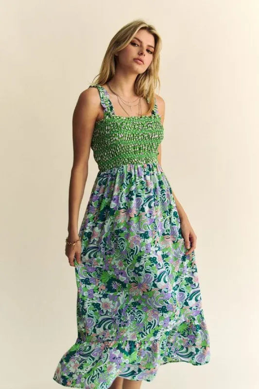 Multi Smocked Bodice Geo Ruffle Strappy Midi Dress - Tigbul's Variety Fashion Shop