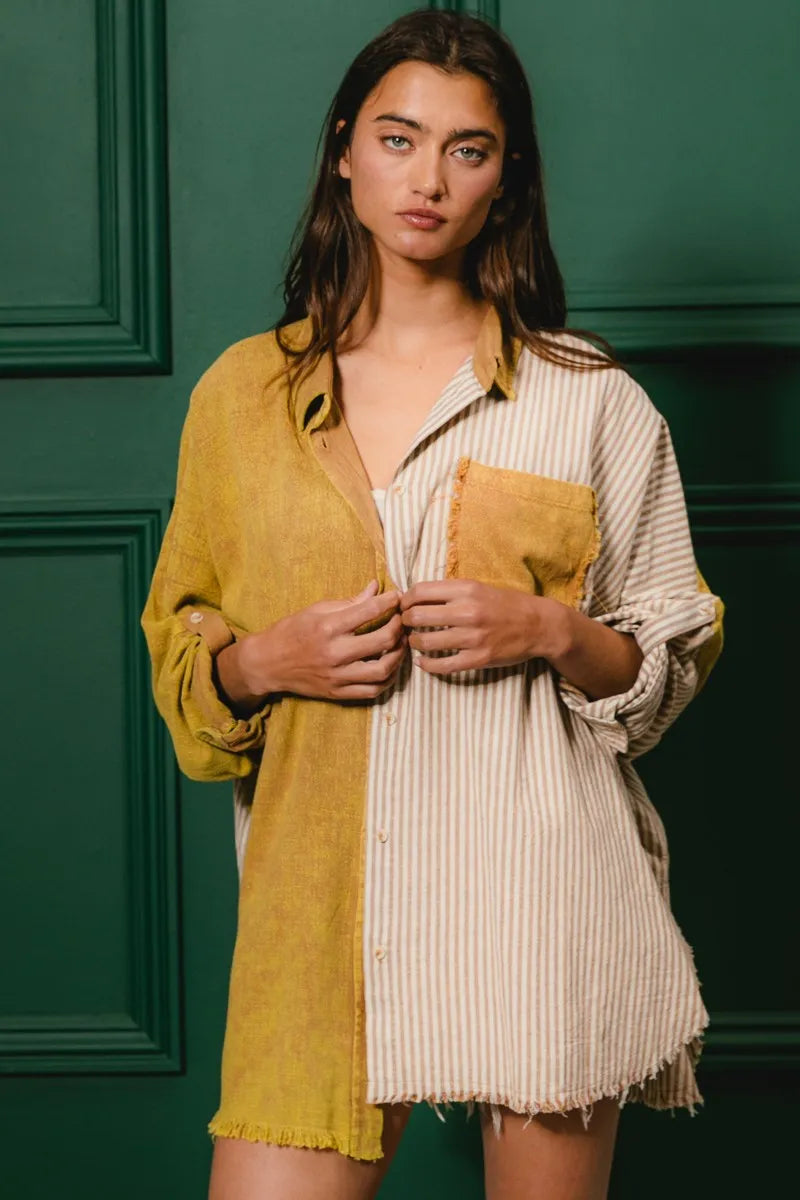 Washed Raw Hem Shirt - Tigbul's Variety Fashion Shop