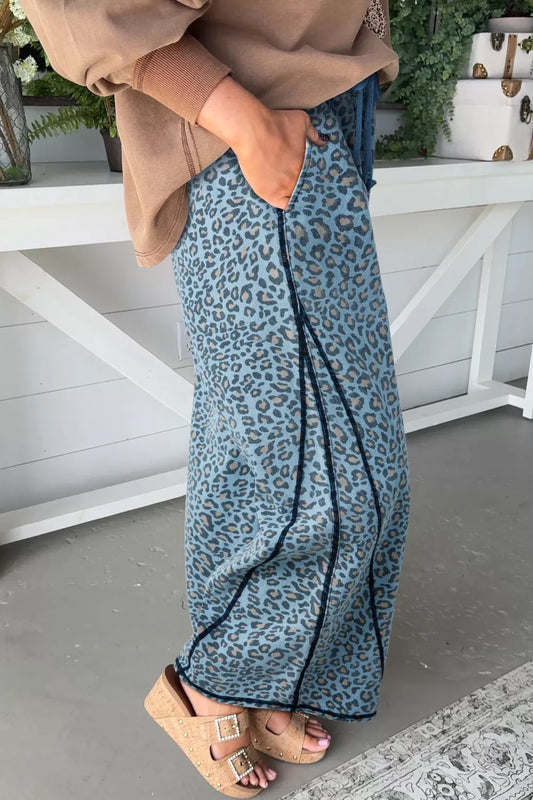 Leopard Print Exposed Seam Detail Wide Leg Drawstring Jeans - Tigbul's Variety Fashion Shop