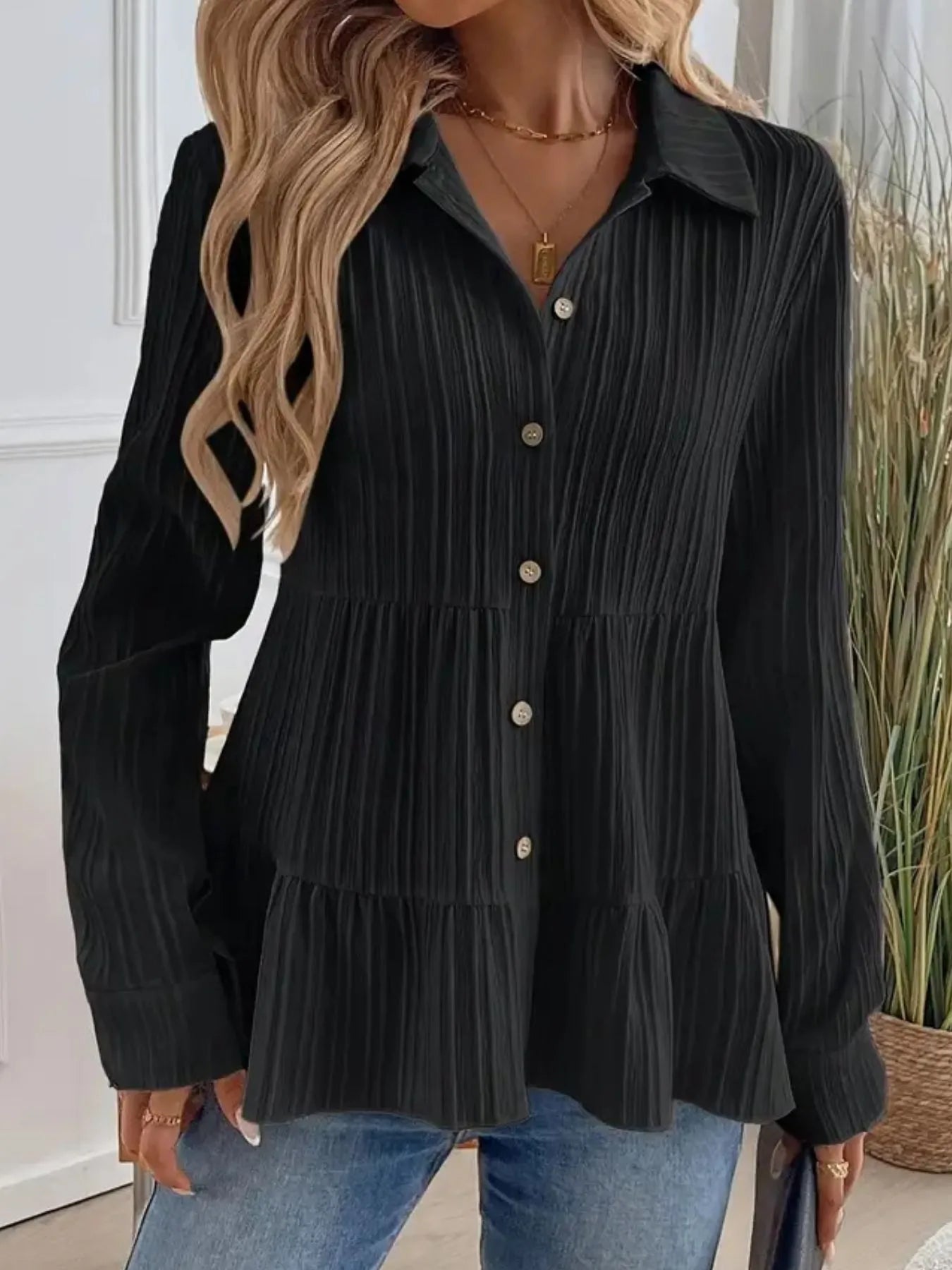 Striped Button-Down Tiered Shirt - Tigbul's Variety Fashion Shop