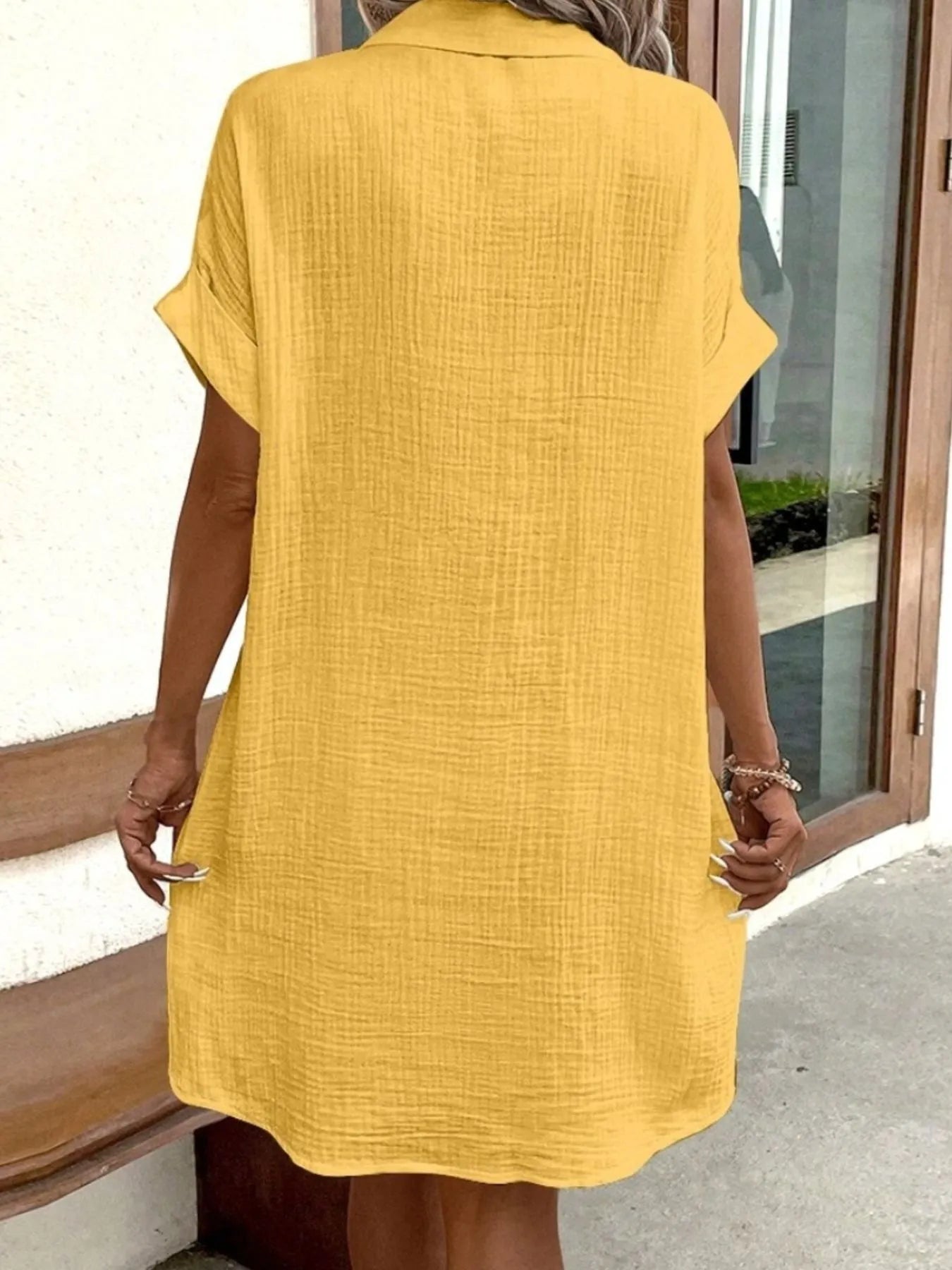 Casual Button Down Cotton Shirt Dress with Pockets - Tigbul's Variety Fashion Shop