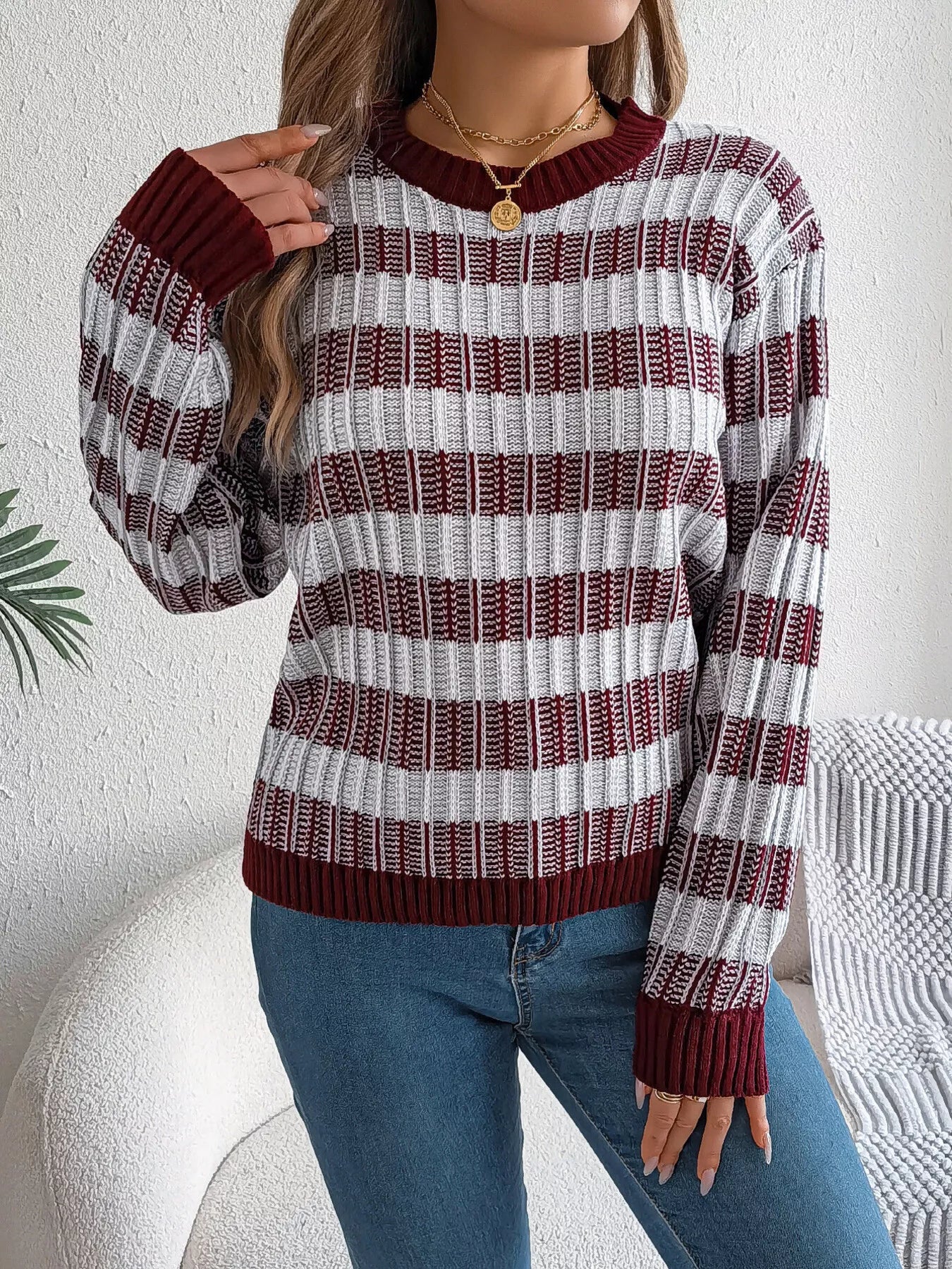 Striped Round Neck Long Sleeve Sweater - Tigbul's Variety Fashion Shop