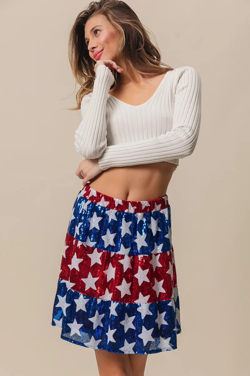 American Flag Theme Star Sequin Tiered Skirt - Tigbul's Variety Fashion Shop