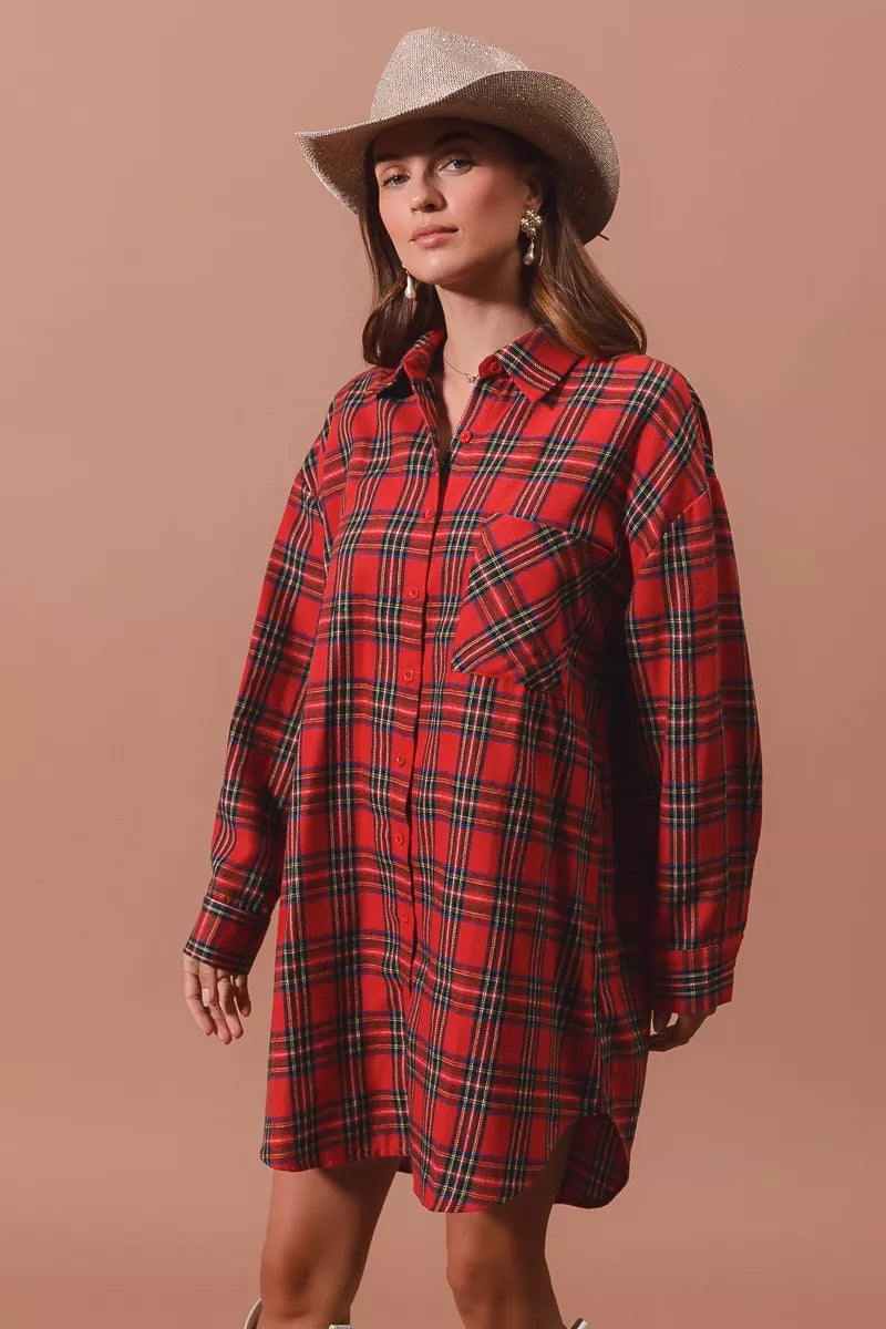 SO ME Christmas Checker Plaid Button Up Shirt Dress - Tigbul's Variety Fashion Shop