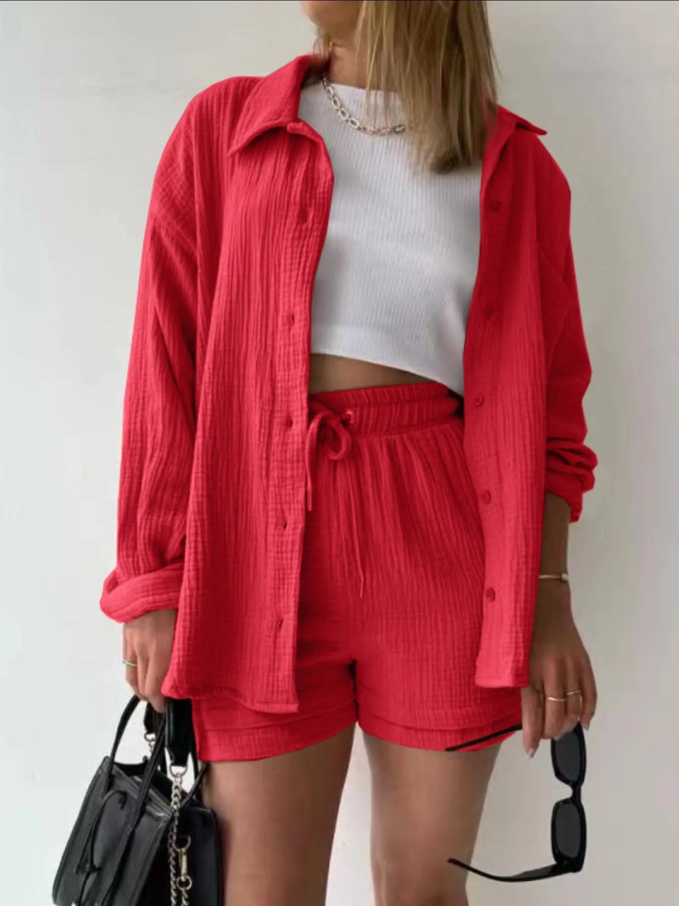 Textured Button Up Shirt and Shorts Set - Tigbul's Variety Fashion Shop