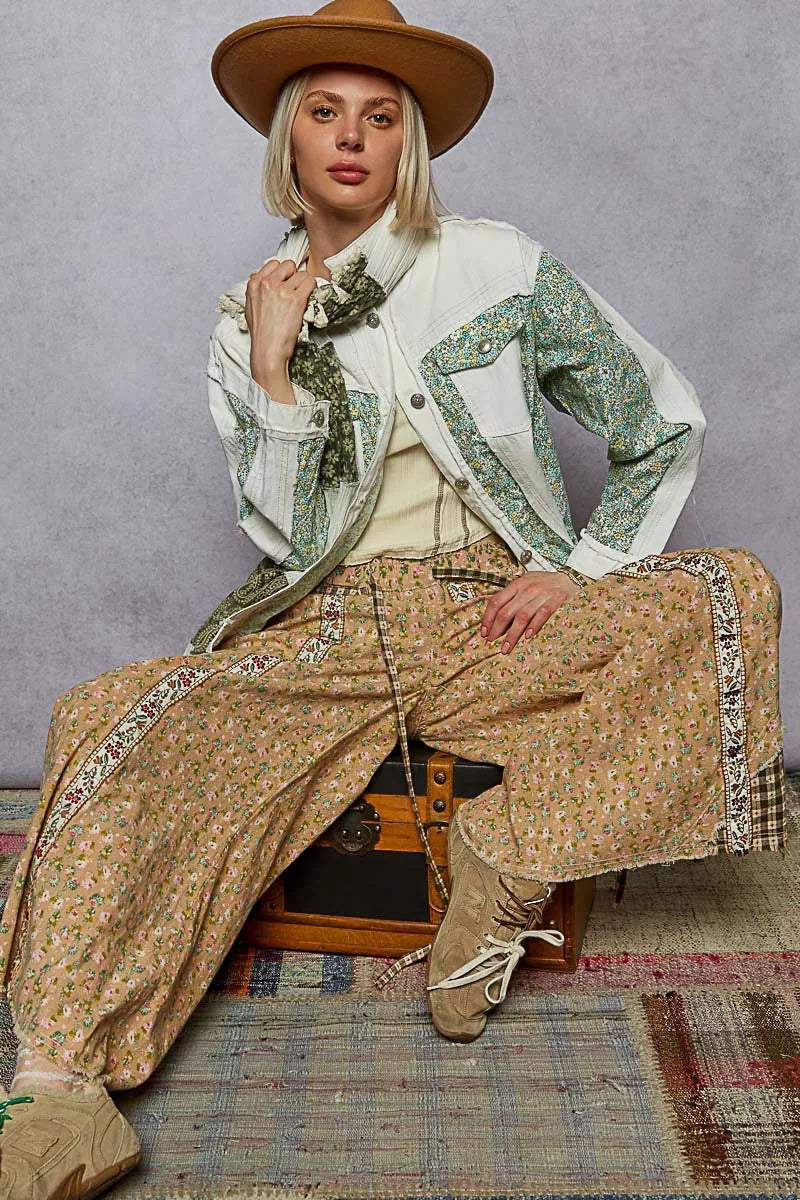 POL Button Down Patchwork Denim Jacket with Floral Print Details - Tigbul's Variety Fashion Shop