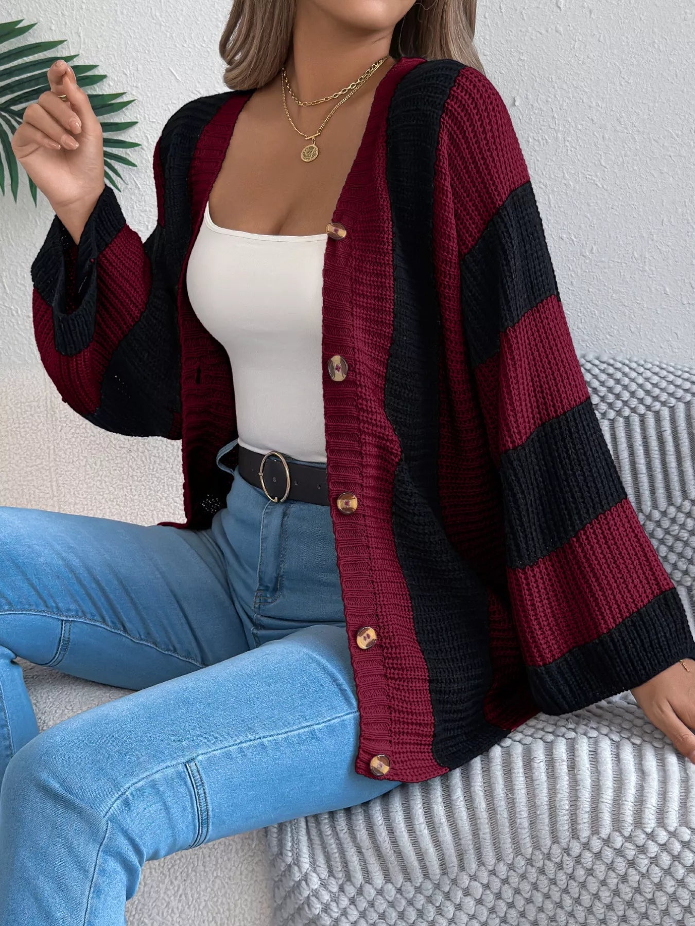Color Block Button-Up Cardigan - Tigbul's Variety Fashion Shop