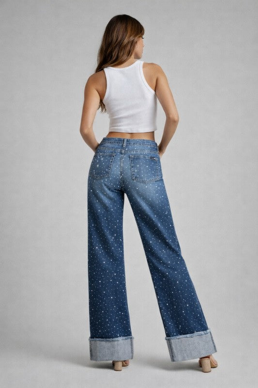 Luxe Low Rise Rhinestone Jean Medium Blue - Tigbul's Variety Fashion Shop