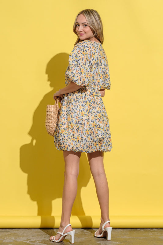 Floral Surplice Puff Sleeve Dress - Tigbul's Variety Fashion Shop