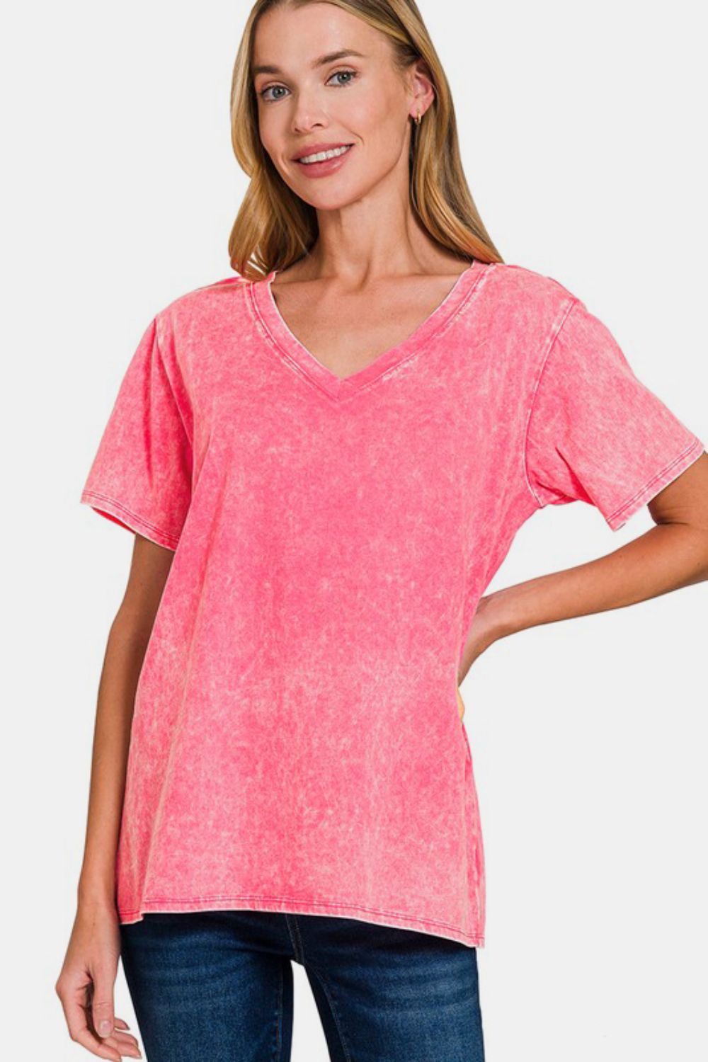 Pink Short Sleeve V-Neck T-Shirt - Tigbul's Variety Fashion Shop