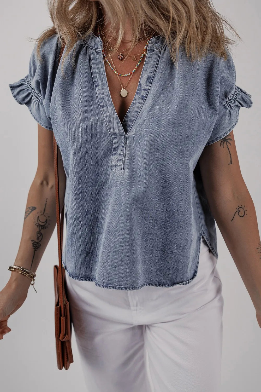 V Neck Ruffled Short Puff Sleeve Denim Top - Tigbul's Variety Fashion Shop