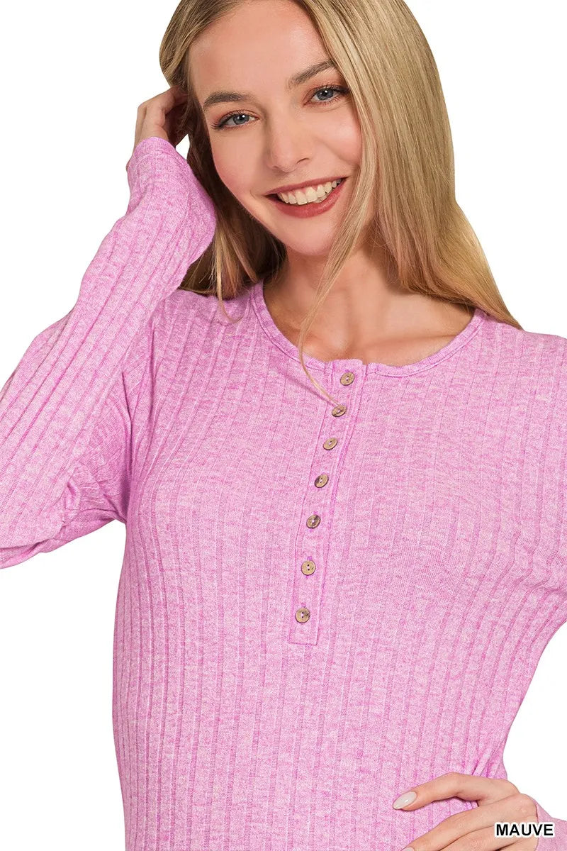Zenana Ribbed Long Sleeve Half Button Top - Tigbul's Variety Fashion Shop