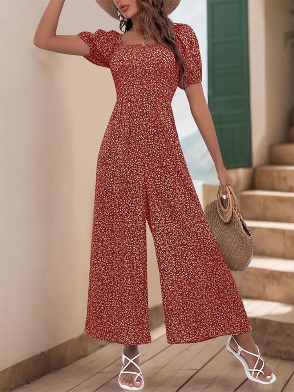 Printed Square Neck Puff Sleeve Jumpsuit - Tigbul's Variety Fashion Shop