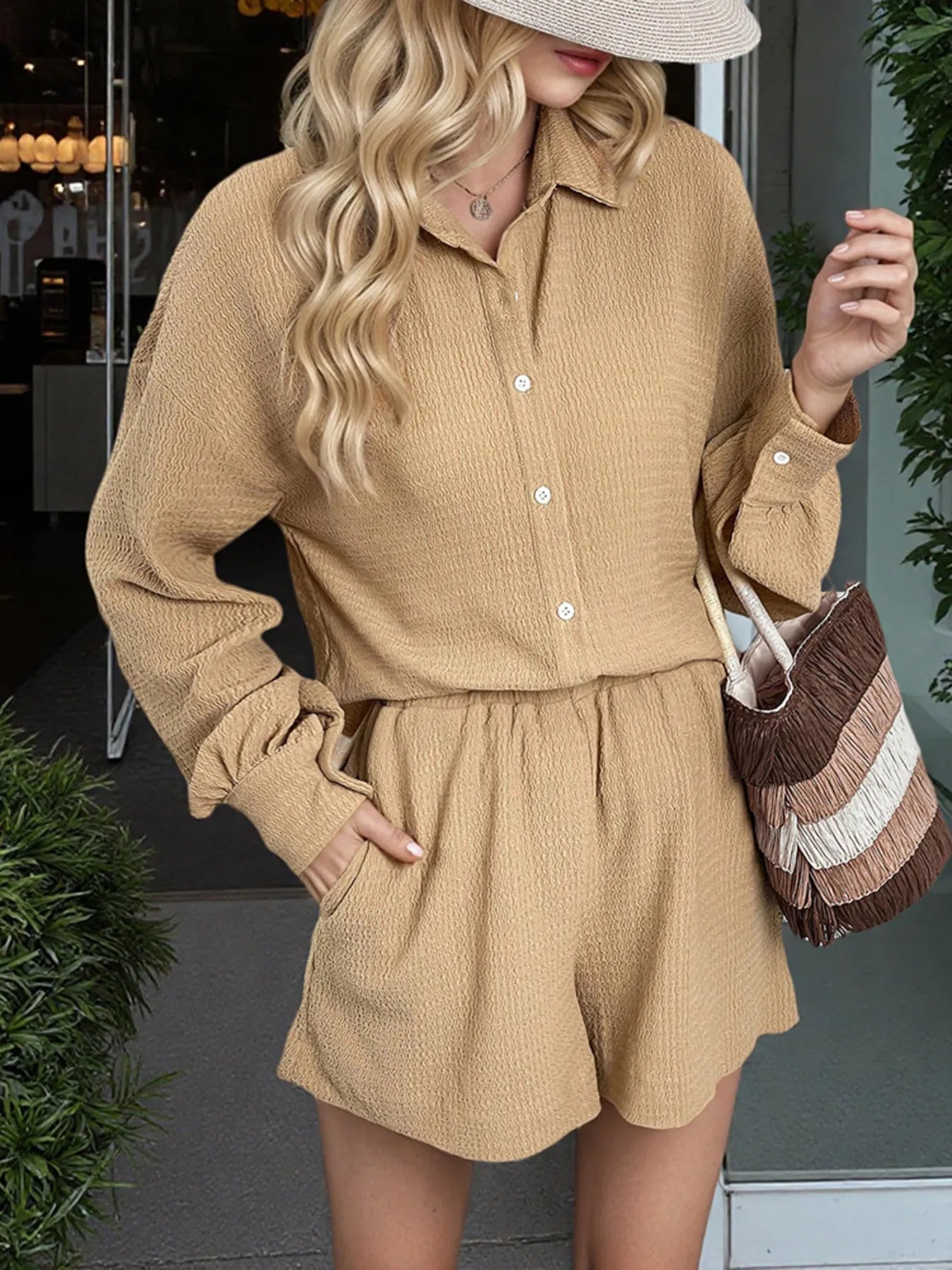 Button Up Long Sleeve Shirt and Shorts Set - Tigbul's Variety Fashion Shop