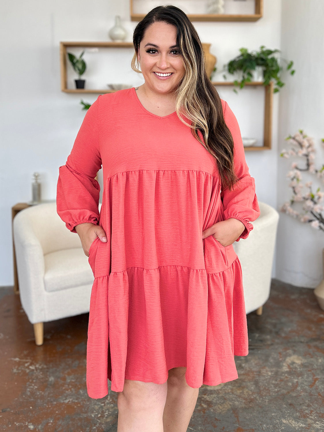 V-Neck Balloon Sleeve Tiered Dress with Pockets - Tigbul's Variety Fashion Shop